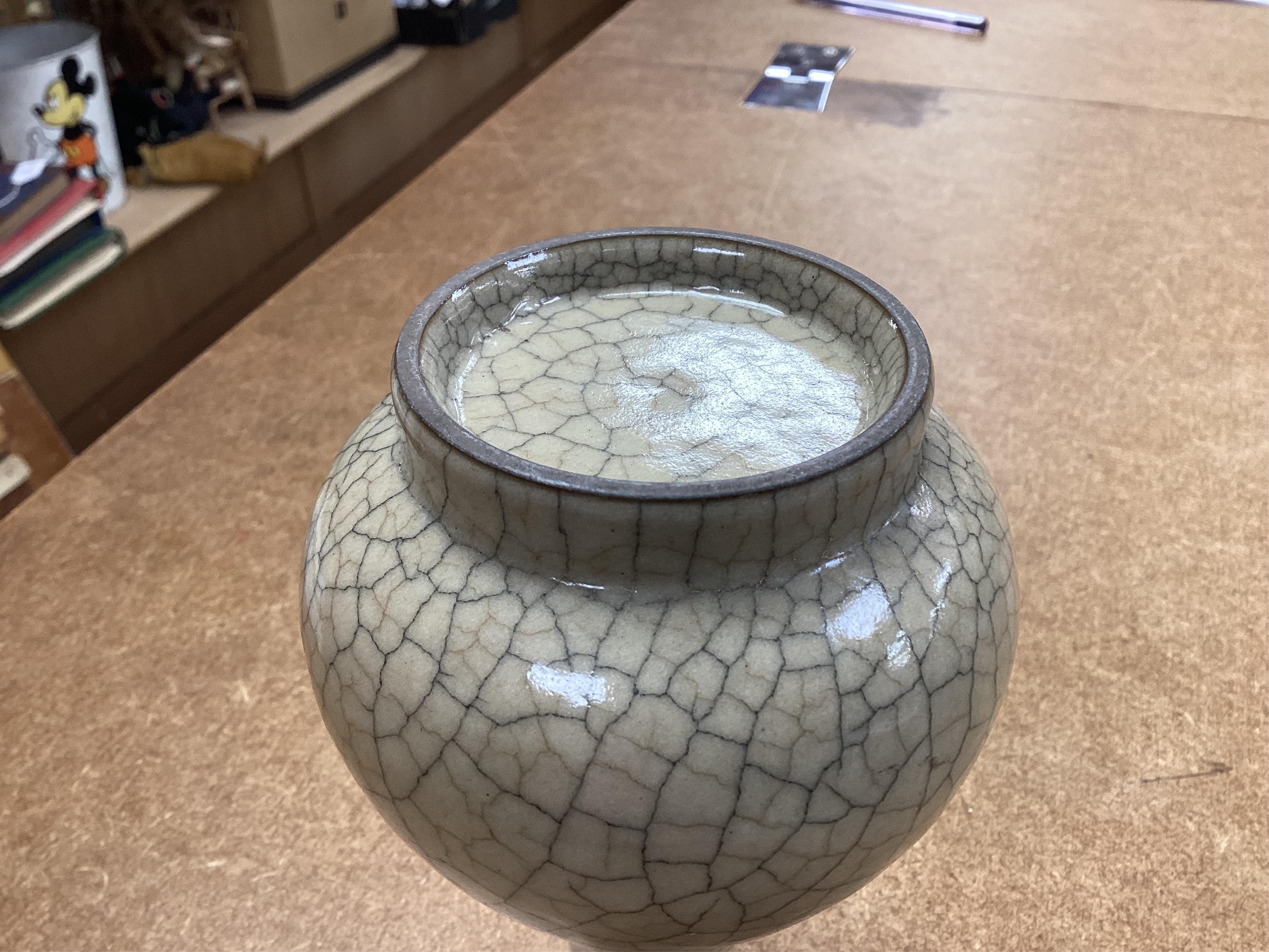 A Chinese crackle glaze bottl vase and similar stand, vase 15cm